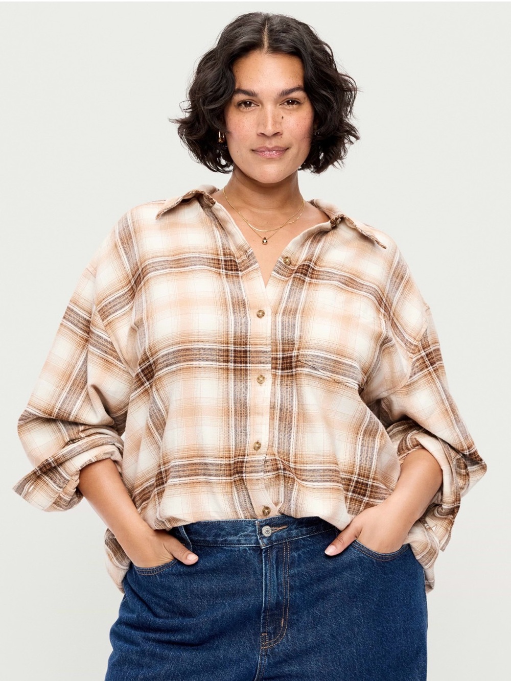 Old Navy Cream and Brown Plaid Button-Down Flannel Shirt